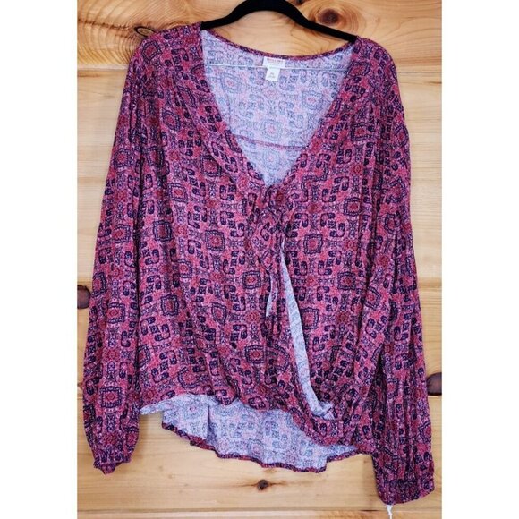 Mossimo Womens size XXL Reds Floral Boho Peasant Ruffle Tie Faux Wrap Blouse New - Picture 3 of 12